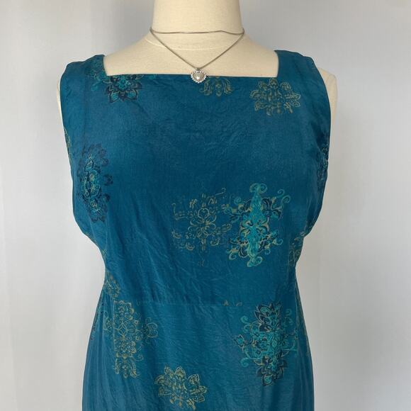 Boho Maxi Dress Plus Size 1X Blue Brocade Print Pure Silk Sleeveless Hippie Vtg - Picture 3 of 16